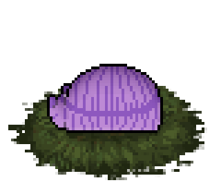 Pixel art of a purple-pink slugcat with tabby stripes curled up, only showing its back.